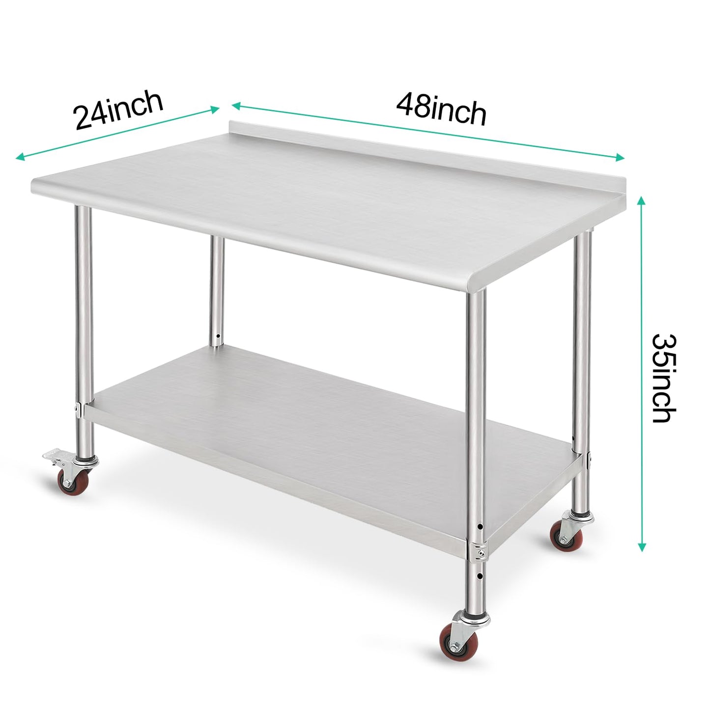 ACONEE 48" x 24" with Caster, Backsplash Stainless Steel Work Table, 48 x 24 Inch, Silver - WoodArtSupply