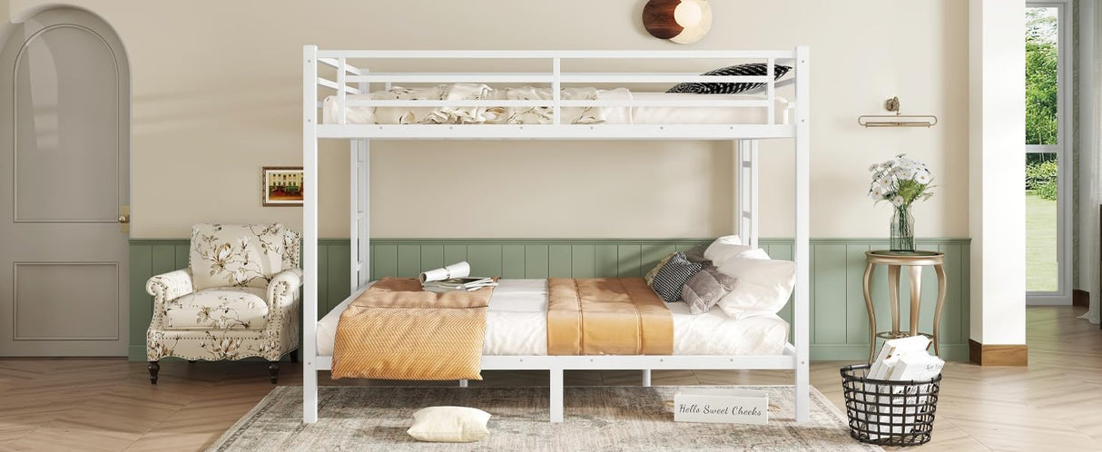 Queen over Queen Bunk Bed, Metal Bunk Bed with High Guardrail and Built-in Ladder, Heavy-Duty Queen Bunk Bed Frame for Kids,Teens, Adults, Metal Slats Support, No Box Spring Needed, White Harper & Bright Designs