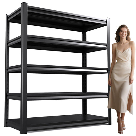 72" H/59 W Garage Shelving Heavy Duty Storage Shelves Adjustable Garage Shelves 5 Tier Metal Shelving Unit Utility Rack Shelf for Kitchen Warehouse Pantry Storage, Black, 72" H x 59" W x 20" D AOJUFEO