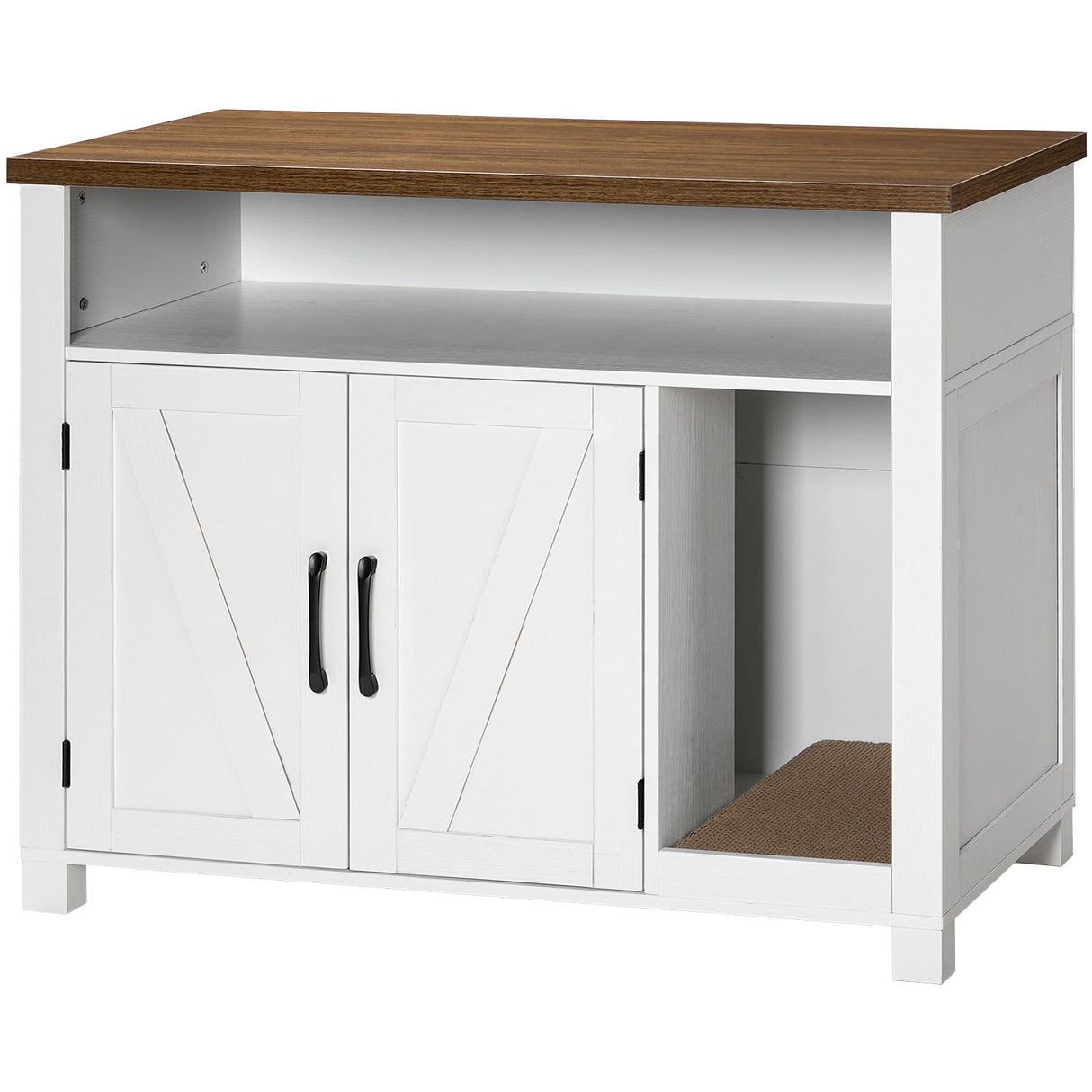 HOOBRO Cat Litter Box Enclosure, Farmhouse Wooden Cat Furniture with Scratch Pad, Storage Layer, Litter Box Furniture, End Side Table,White and Walnut, WH24MW01 HOOBRO