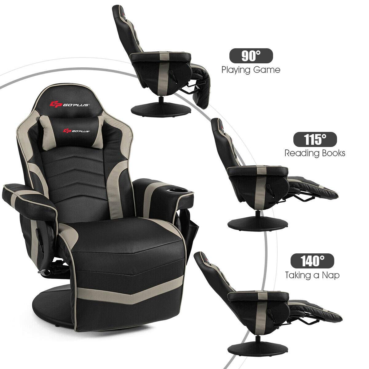 Goplus Massage Gaming Chair, Racing Style Gaming Recliner w/Adjustable Backrest and Footrest, Ergonomic High Back PU Leather Computer Office Chair Swivel Game Chair w/Cup Holder and Side Pouch Goplus