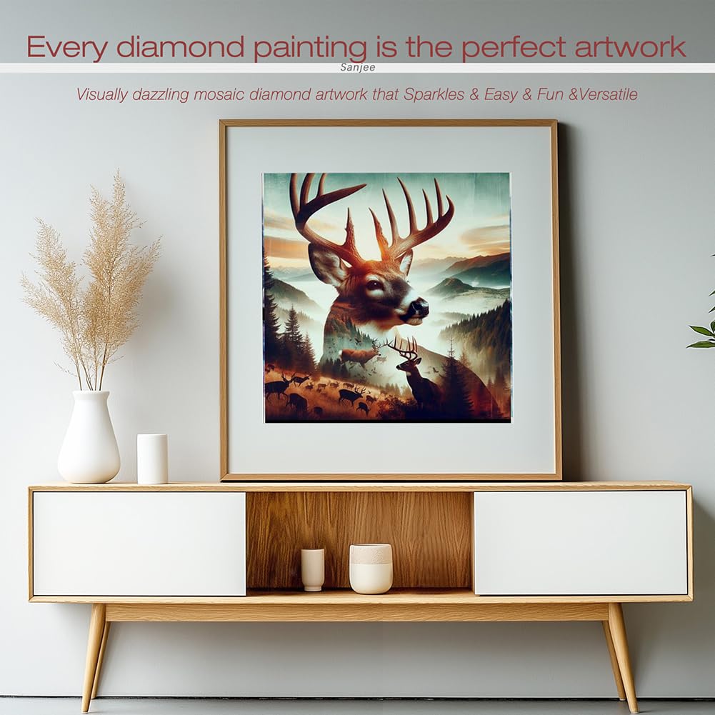 Sanjee Deer Diamond Art Kits for Adults, Landscapes Diamond Painting Kits for Beginner, 5D DIY Round Full Drill Gem Art Crafts for Home Wall Decor Gift, 12x12inch Sanjee