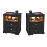 FONTOI Farmhouse Nightstand with Charging Station, End Table with Drawers, Bedside Table with 3 LED Lights Modes, Wood Nightstand with Smart Human Sensor for Bedroom, Black, Set of 2 FONTOI