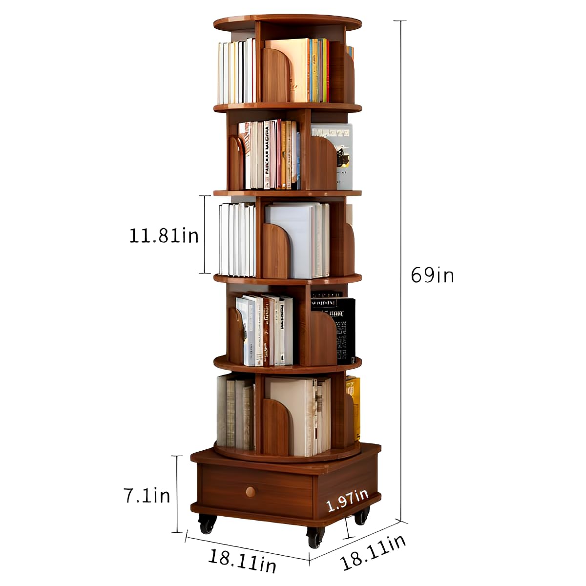 Rotating Bookshelf 6 Tier, 360° Spinning Bookshelf Tower with Lockable Wheels, Corner Shelf for Small Spaces, Kids Room, Living Room, Bedroom, Office Storage Solution, Walnut Revolving Bookcase VireoNest