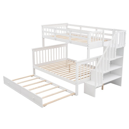 MERITLINE Twin Over Full Bunk Bed with Trundle, Wooden Bunk Bed with Stairway, Storage and Guard Rail for Kids, Adults (White)