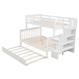 CITYLIGHT Twin Over Full Bunk Beds with Twin Size Trundle & Stairs, Solid Wooden Bunk Bed Twin Over Full Size with Storage Stairway and Guard Rail for Bedroom, Dorm, Kids, Teens, Adults (White) CITYLIGHT