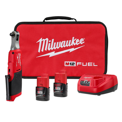 Milwaukee M12 FUEL 12-Volt Lithium-Ion Brushless Cordless High Speed 3/8 in. Ratchet Kit w/(2) Batteries, Charger and Bag - WoodArtSupply