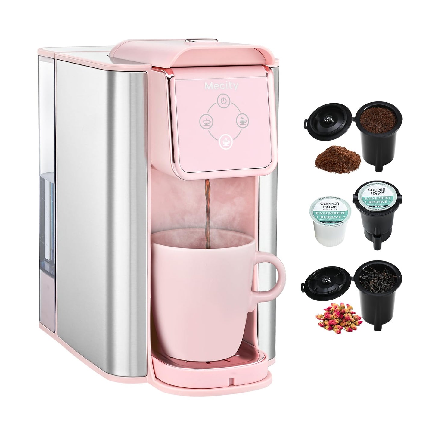 Mecity Pink Coffee Maker 3-in-1 Single Serve Coffee Machine, For Flat Bottom Coffee Capsule, Ground Coffee, 6 to 10 Ounce Cup, Removable 50 Oz Water Reservoir, 120V 1150W