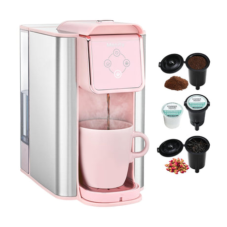 Mecity Pink Coffee Maker 3-in-1 Single Serve Coffee Machine, For Flat Bottom Coffee Capsule, Ground Coffee, 6 to 10 Ounce Cup, Removable 50 Oz Water Reservoir, 120V 1150W Mecity