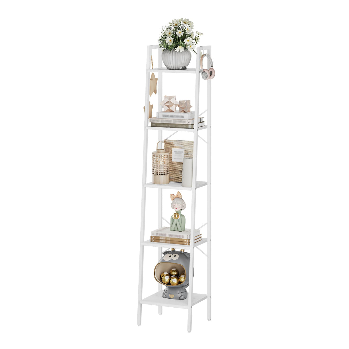 Hzuaneri Ladder Shelf, Bookshelf Bookcase, Freestanding Corner Storage Shelve with 2 Hooks for Home Office, Living Room, Kitchen, Bedroom, Industrial, 5-Tier White BC03213W Hzuaneri