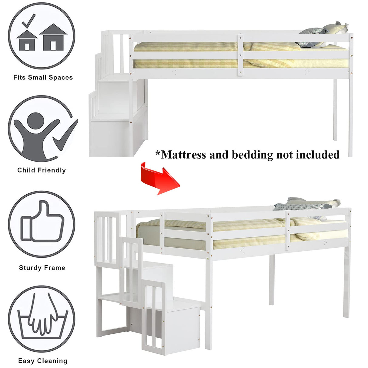CITYLIGHT Twin Low Loft Bed with Staircase and Storage, White Wood Frame for Kids CITYLIGHT