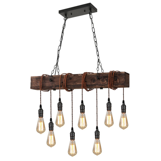 KEESFU 8-Lights Rustic Chandeliers for Dining Room, Farmhouse Wooden Ceiling Pendant Light, Height Adjustable, Rectangle Chandelier for Kitchen Island Dining Room Bar Pool Table Cabin.