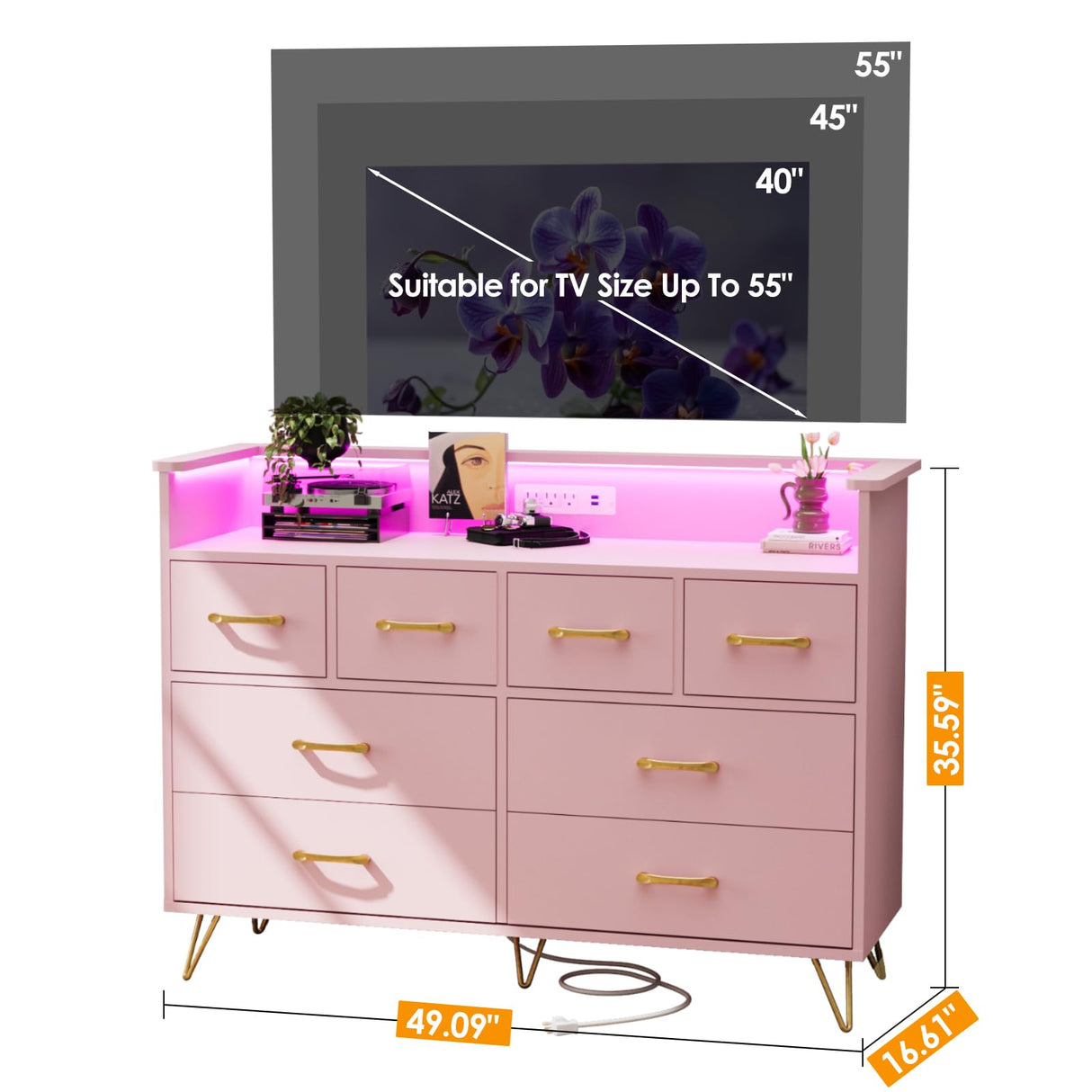 Patikuin Pink Dresser for Bedroom with LED Light & Charging Station, 8 Drawers Wooden Dressers for Women with Open Space, Modern Chest of Wide Drawers for Girls Bedroom Living Room, Entryway, Hallway Patikuin