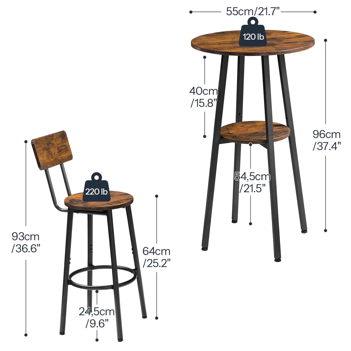HOOBRO 3 Pieces Round Bar Height Table and Chairs Set, Round Dining Table Set, Pub Table and Chairs for Small Space, 2 Tier Kitchen Table and Bar Stools with Back, Rustic Brown BF35BT01 HOOBRO