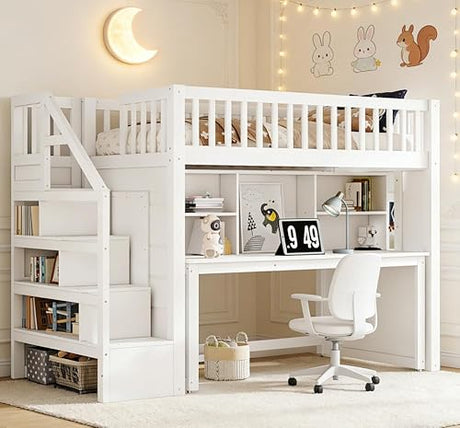 Bellemave Twin Loft Bed with Stairs and Movable Desk and Shelves, Wood Loft Bed with Storage Stairs for Kids, Teens, Adults, White Bellemave