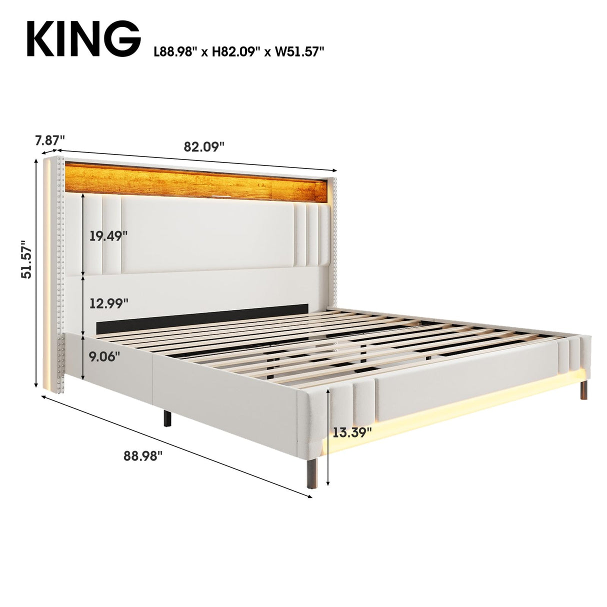 Fameill King Size LED Bed Frame with 51.6" Tall Headboard, Upholstered Platform Bed with Charging Station & Storage, No Box Spring Needed, Easy Assembly, Sturdy and Noise-Free, Beige Fameill