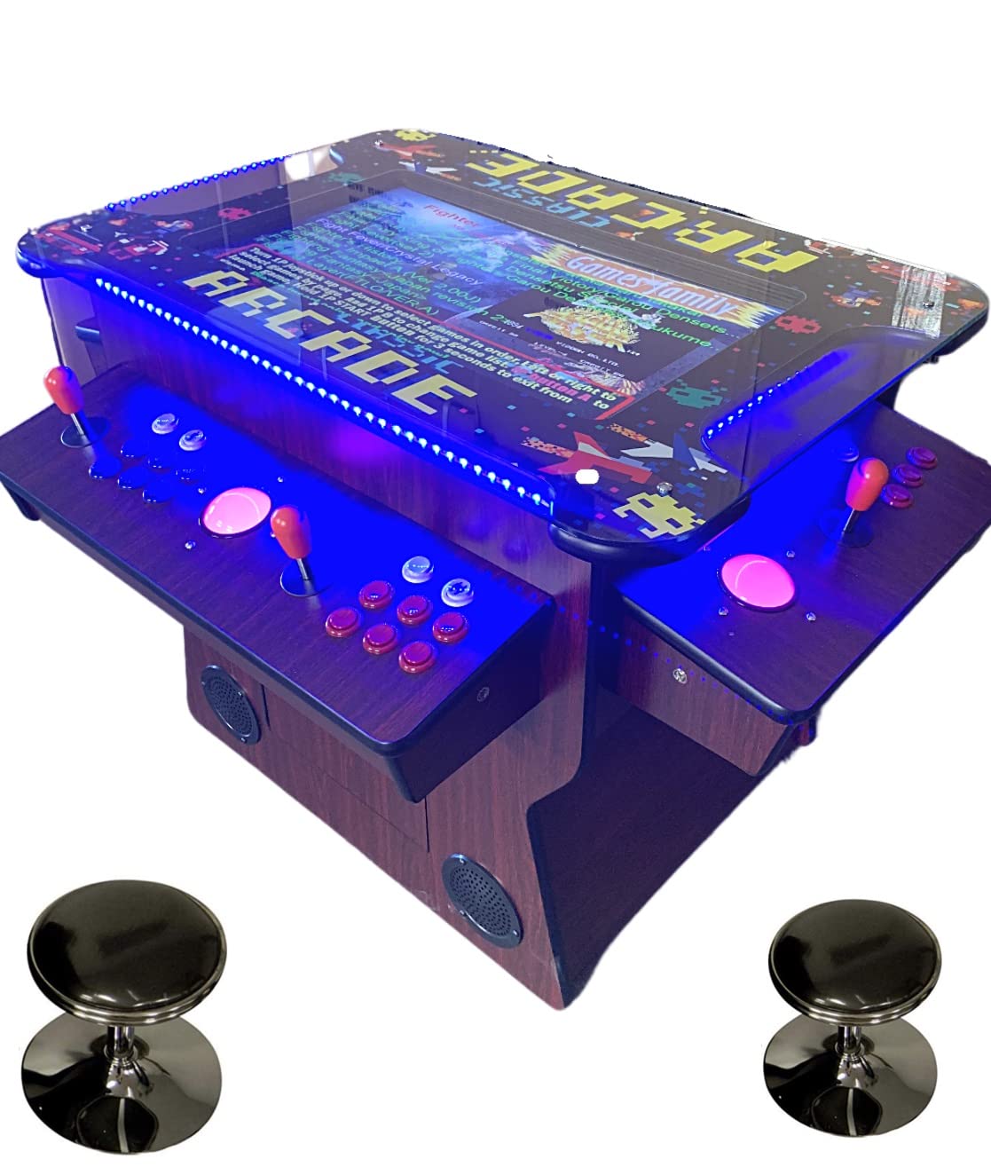 Top Us Video Arcades Full Size Commercial Grade Cocktail Arcade Machine 3515 Games Lift Up / Tilt Screen 26.5 Screen Tempered Glass 2 Stools Included 5 Year Warranty Dark Wood TOP US VIDEO ARCADES