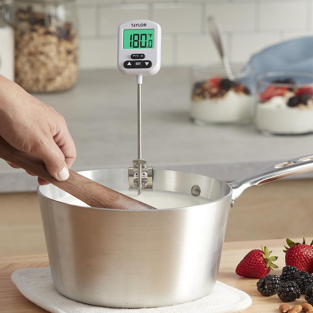 Taylor Programmable Digital Candy and Deep Fry Thermometer with Green Light Alert Display, Long Stem, and Adjustable Pan Clip, White Taylor