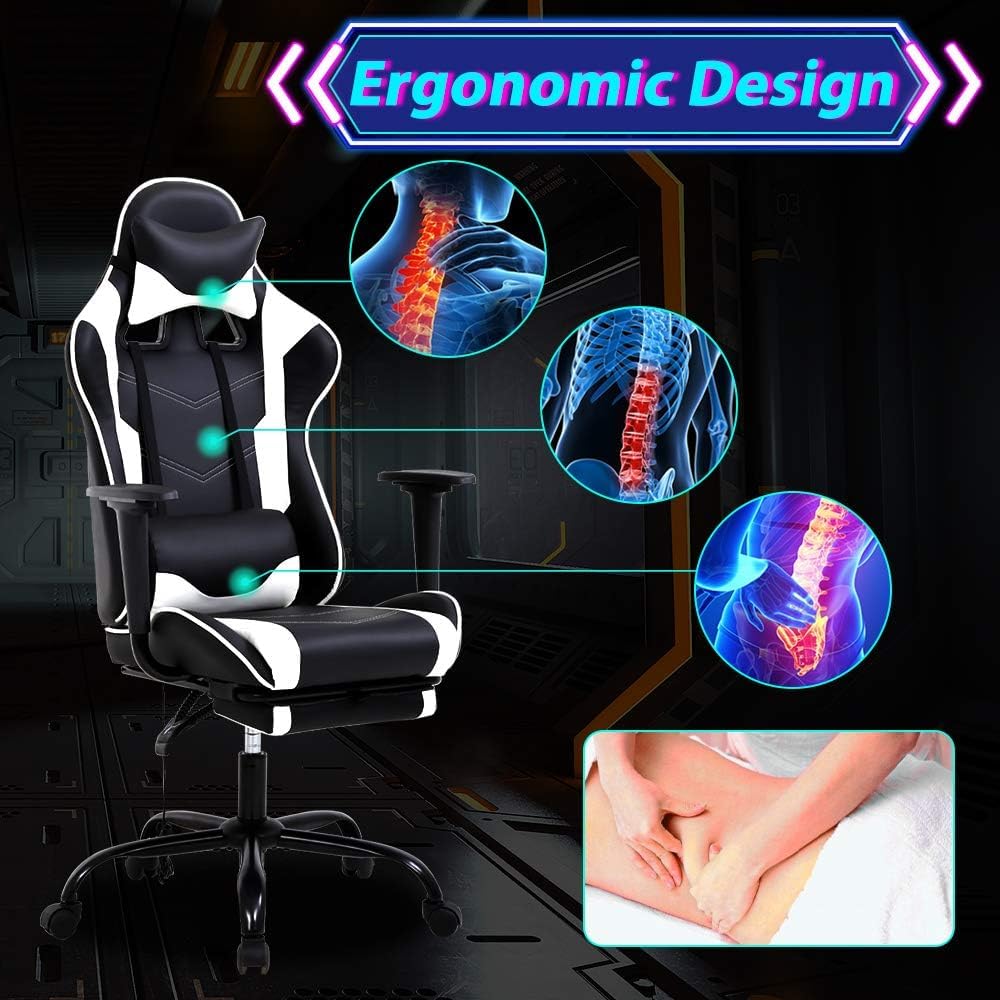 Gaming Chair Computer Chair with Footrest and Massage Lumbar Support, Height Adjustable Game Chair Video Game Chair High Back Reclining Computer Chair with 360°-Swivel Chair for Adults, White