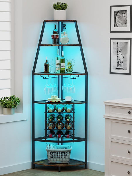 5-Tier Corner Wine Rack with LED Lights Floor Standing Wine Cabinet with Glass Holder & Bottles Wine Storage Industrial Corner Bar Cabinet Display Shelf for Home Bar Kitchen Living Room Dining Room Qriocioa