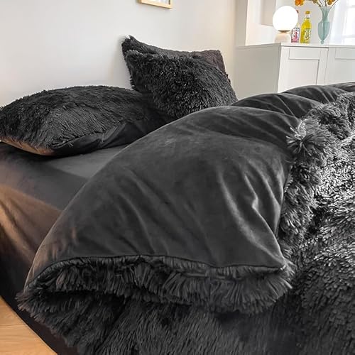 chovy Kids Girls Faux Fur Black Comforter Sets Twin/Full - 3PC Bed Set Skin Friendly Soft Warm Comfortable Classical Rabbit Plush Velvet Flannel Fluffy Fuzzy Bedding（Comforter x 1 Pillowcases x 2） chovy