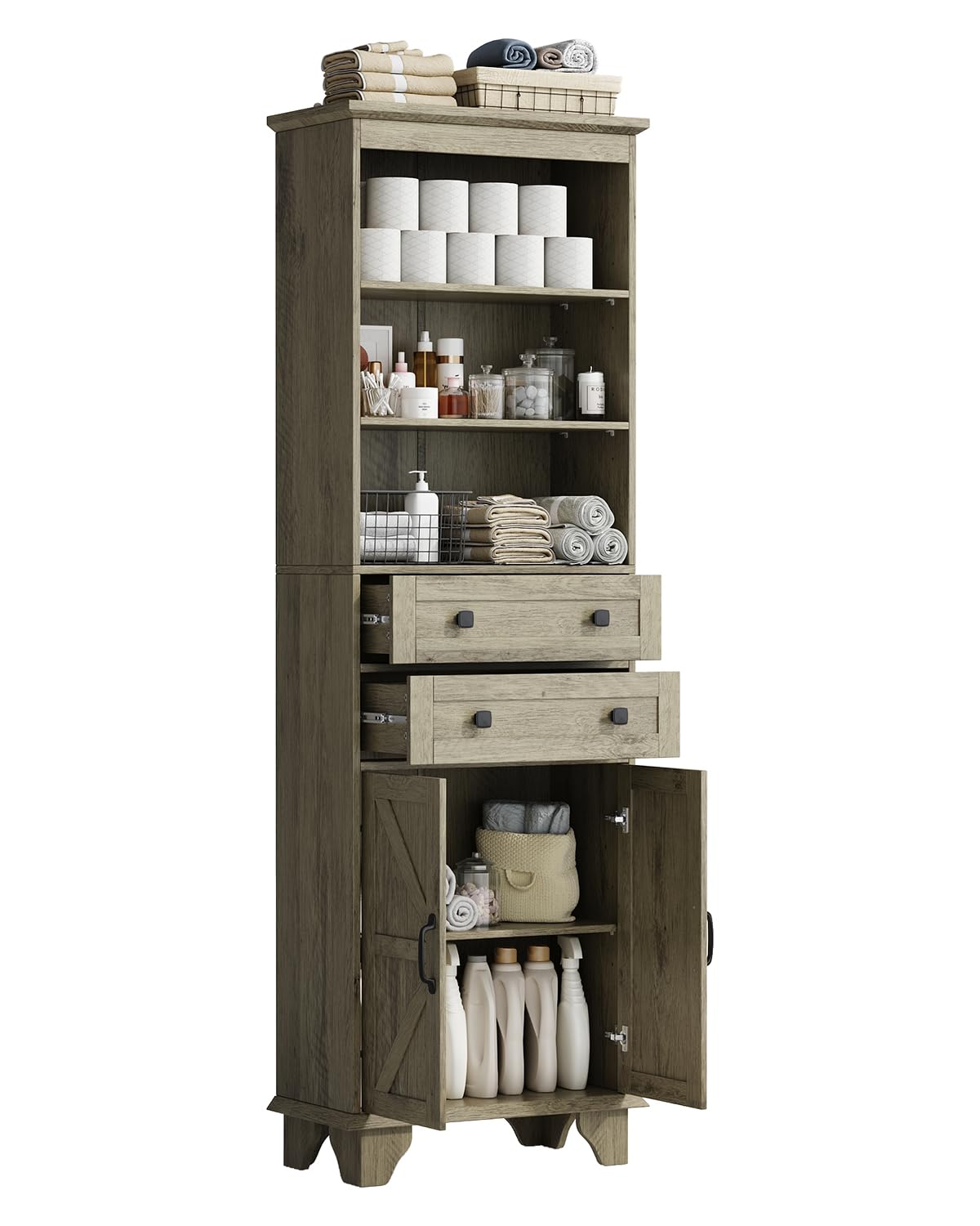Seeday 72" Farmhouse Bathroom Storage Cabinet, Tall Kitchen Pantry Cabinet with 2 Drawers, Adjustable Shelves and Barn Door, Storage Cabinet for Bathroom, Living Room, Kitchen, Grey Seeday