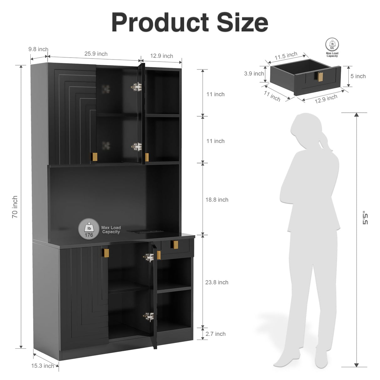 Buenhomino Kitchen Pantry Cabinet, 71" Hutch Cabinet with Countertop & Power Outlet & Adjustable Shelves, Wood Buffet Cabinet Organizer with Buenhomino