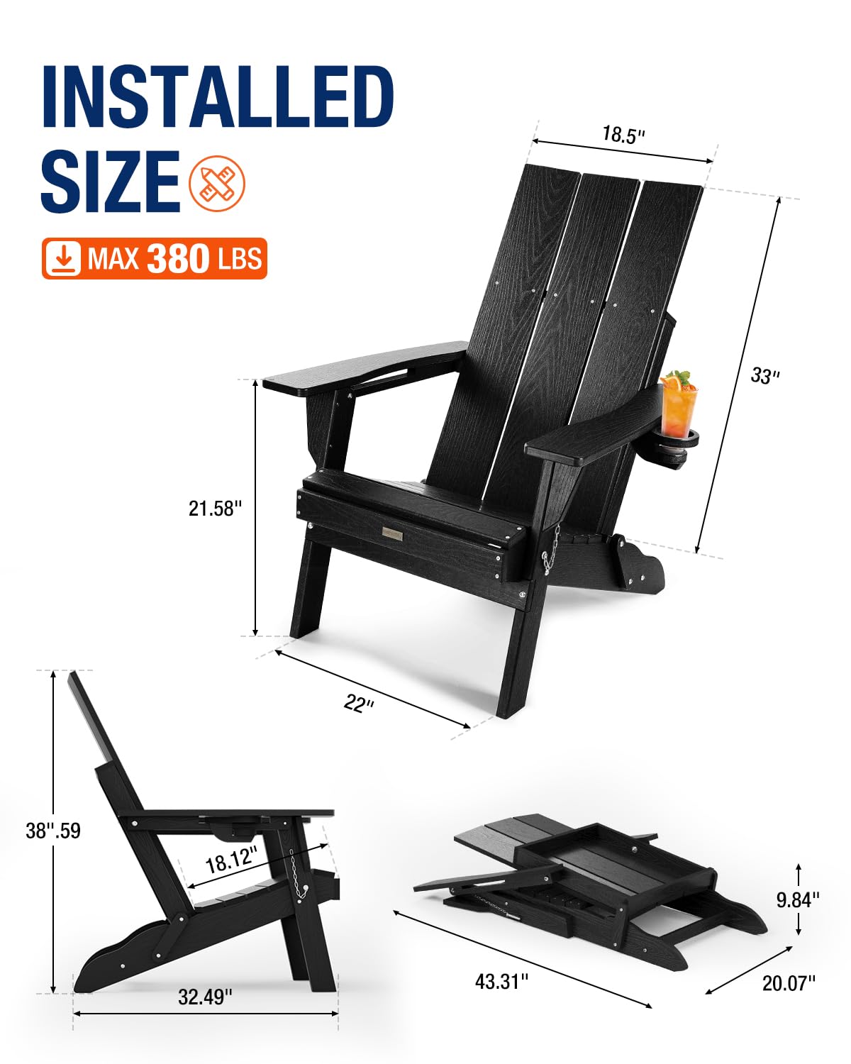 POWERWOOD Modern Adirondack Chair, Oversized HDPE Folding Adirondack Chairs Wood Texture, Higher Back Weather Resistant Outdoor Adirondack Chair Set with Cup Holder, Plastic Fire Pit Chairs ( - WoodArtSupply