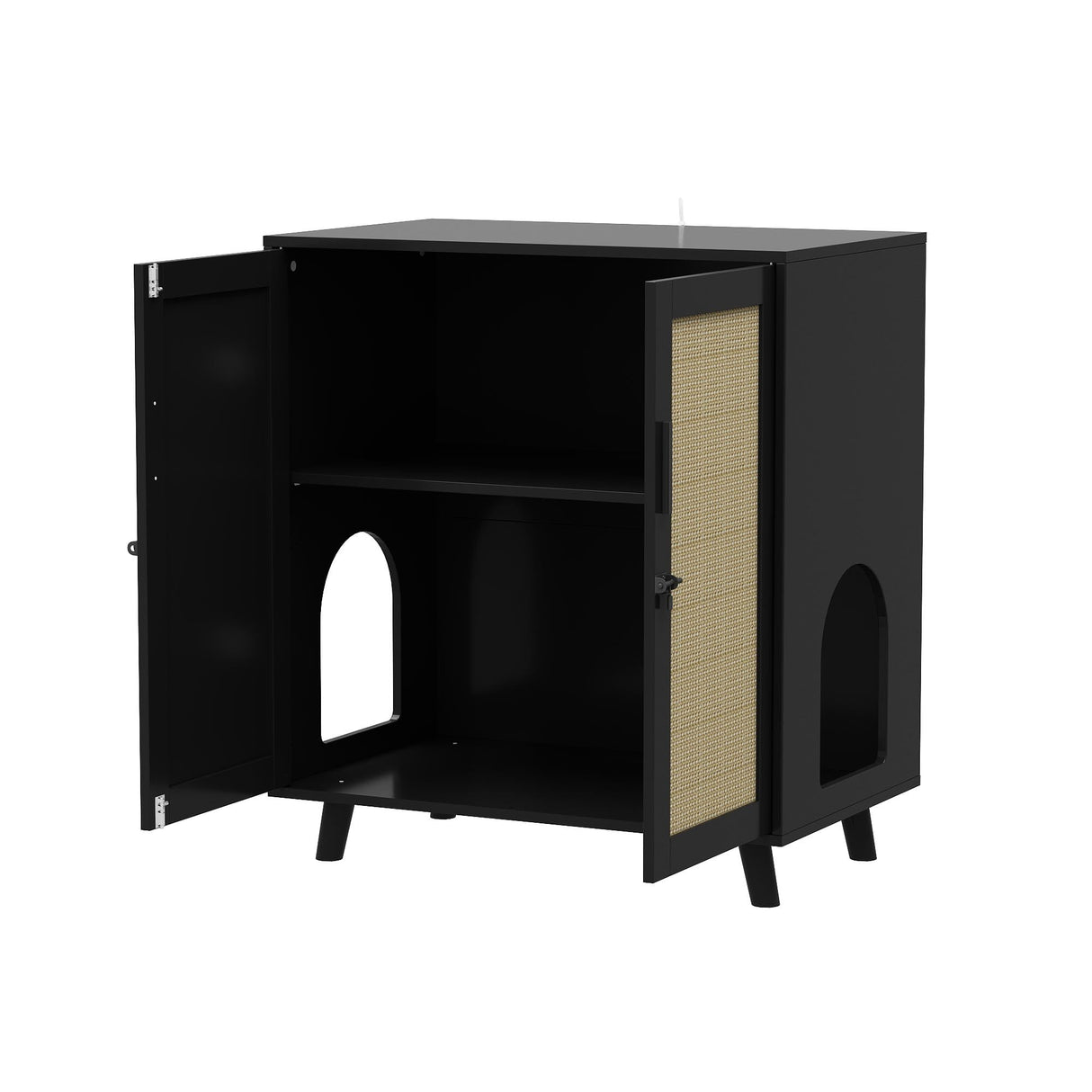 DAWNSPACES Large Cat Litter Box Enclosure, 2 in 1 Hidden Cat Washroom Furniture with Sisal Covered Doors, 2 Layers Wooden Cat Cabinet with Adjustable Shelf, Side Table TV Stand for Living Room, Black DAWNSPACES