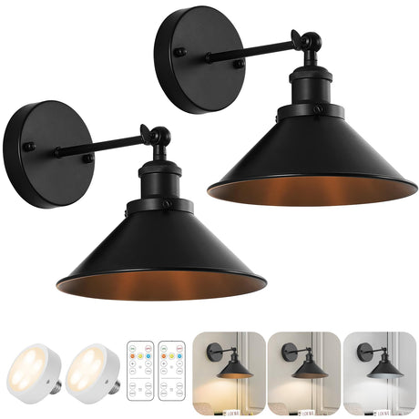 Bailoch Black Vintage Wireless Battery Operated Wall Sconces, Industrial Cordless Battery Powered Led Wall Lights Set of 2, Wall Lamp Fixture Indoor with Remote Control for Bedroom Farmhouse Gallery Bailoch
