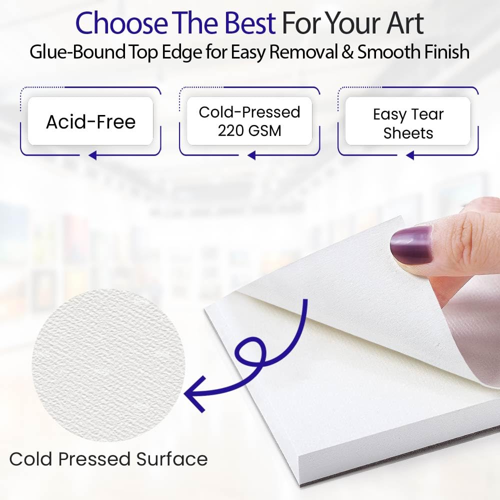 Ashby for Kids - 1 Pad (50 Sheets) of Premium Quality (220 GSM) Watercolor, Drawing, Finger Paint and Sketch Paper - Glue Bound Binding for Easy Removal - Natural White Ashby