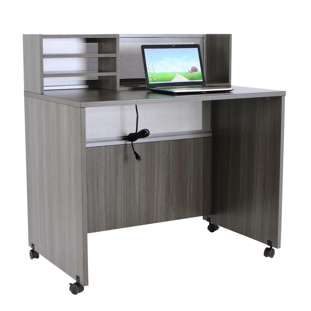 nbf signature series Modern Reception Desk - at Work Mobile Standing Height Checkout Counter Station - 48" W x 30" D Gray Laminate for Front Desk Use and Reception Counter nbf signature series