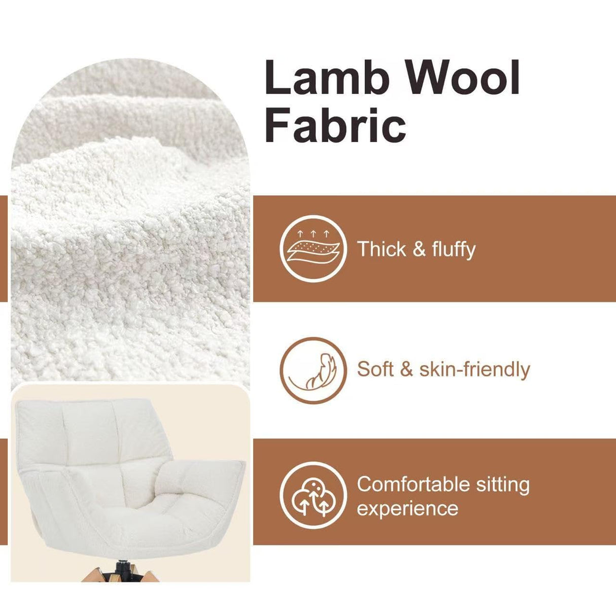 SOERGO Mid Century Accent Chair, Lambs Wool Vanity Chair Modern Cozy Desk Chair no Wheels with Amrest, Wood Legs for Living Room, Reading Room, Bedroom, White SOERGO