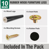 FoDau770 Black Rubber Wood Furniture Legs 10 Inche, Slant Tapered Wood Legs Mid Century Sofa Legs Set of 4, 5/16" UNC Furniture Feet Replacement Legs for Cabinet Sofa Couch Dresser Chair Ottoman Table FoDau770
