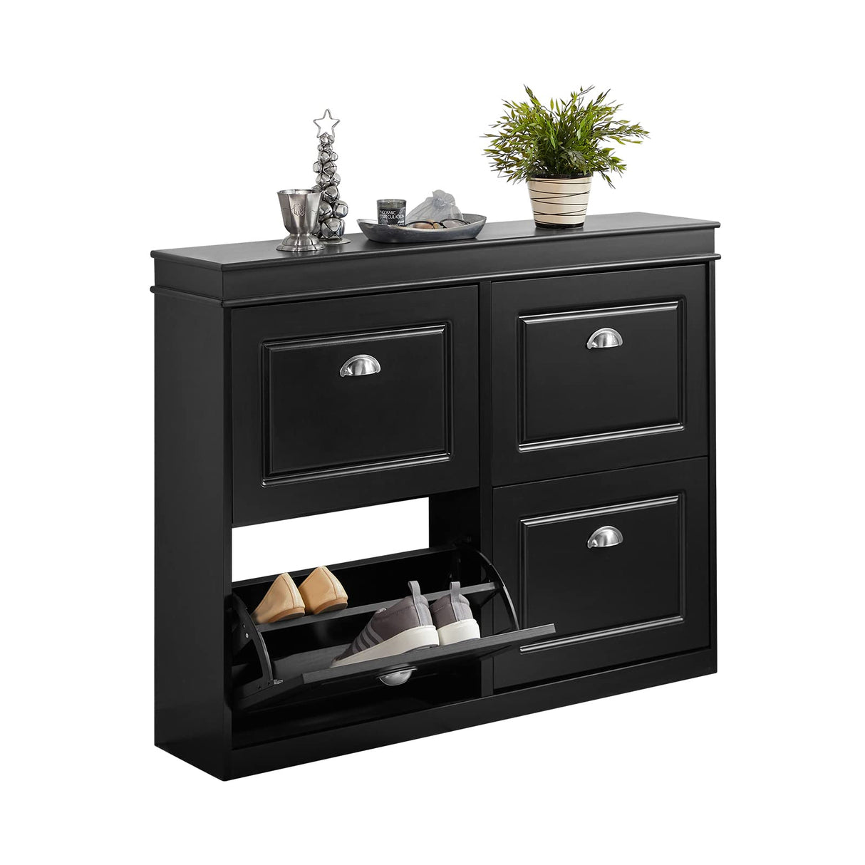 Haotian Modern Black Freestanding Shoe Cabinet with 4 Flip Drawers, 8 Levels, W41.3 x D9.5 H32.7 in., Entryway Shoe Organizer Haotian