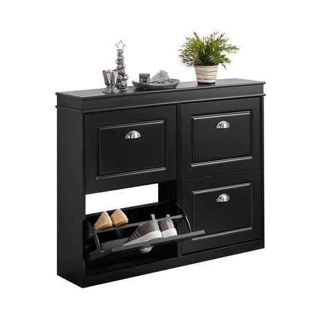 Haotian Modern Black Freestanding Shoe Cabinet with 4 Flip Drawers, 8 Levels, W41.3 x D9.5 H32.7 in., Entryway Shoe Organizer Haotian