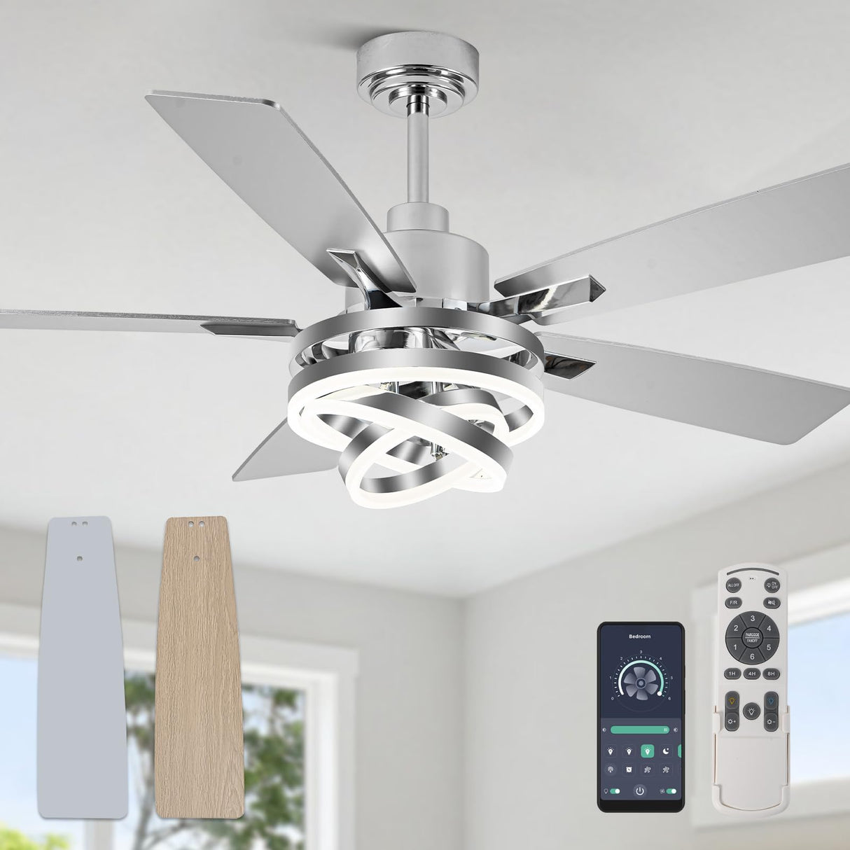 Curve Curio 52" Ceilling Fan with Light Chandelier Fan Modern DC Motor Dimmable Led Fandelier Ceiling Fan with Light for Bedroom, Living Room Curve Curio