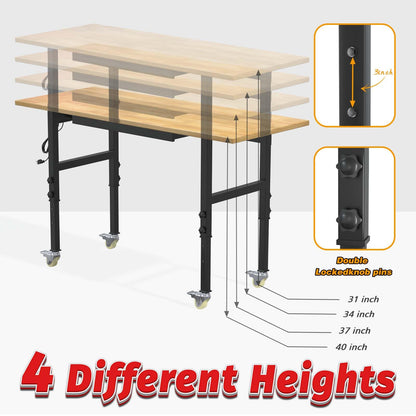 60" Adjustable Workbench, 2000 LBS Load Capacity Heavy Duty Table, Hard Rubber Wood Work Bench with Power Outlets, Wheels and Drawer for Garage, Workshop, Home, Office, Easy to Assemble - WoodArtSupply