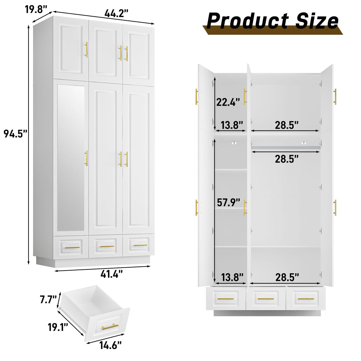 Hlivelood Large Armoire Wardrobe Closet Cabinet with Drawers and LED Lights, Multi-Tier Shelves, Hanging Rod, Large Capacity Storage 3 Door Wardrobe Armoire with Top Cabinet for Bedroom, White Hlivelood