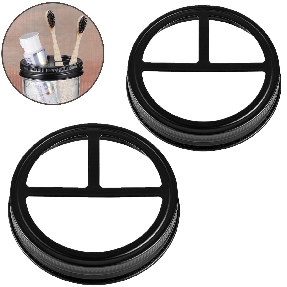 [Wide Mouth ONLY] SheeChung 2 Pack Mason Jar Toothbrush Holder Lid - Rustproof 304 Stainless Steel for Ball Mason Jar or Any Pint. Jar, Farmhouse Decor Bathroom Accessories Set - Black SheeChung