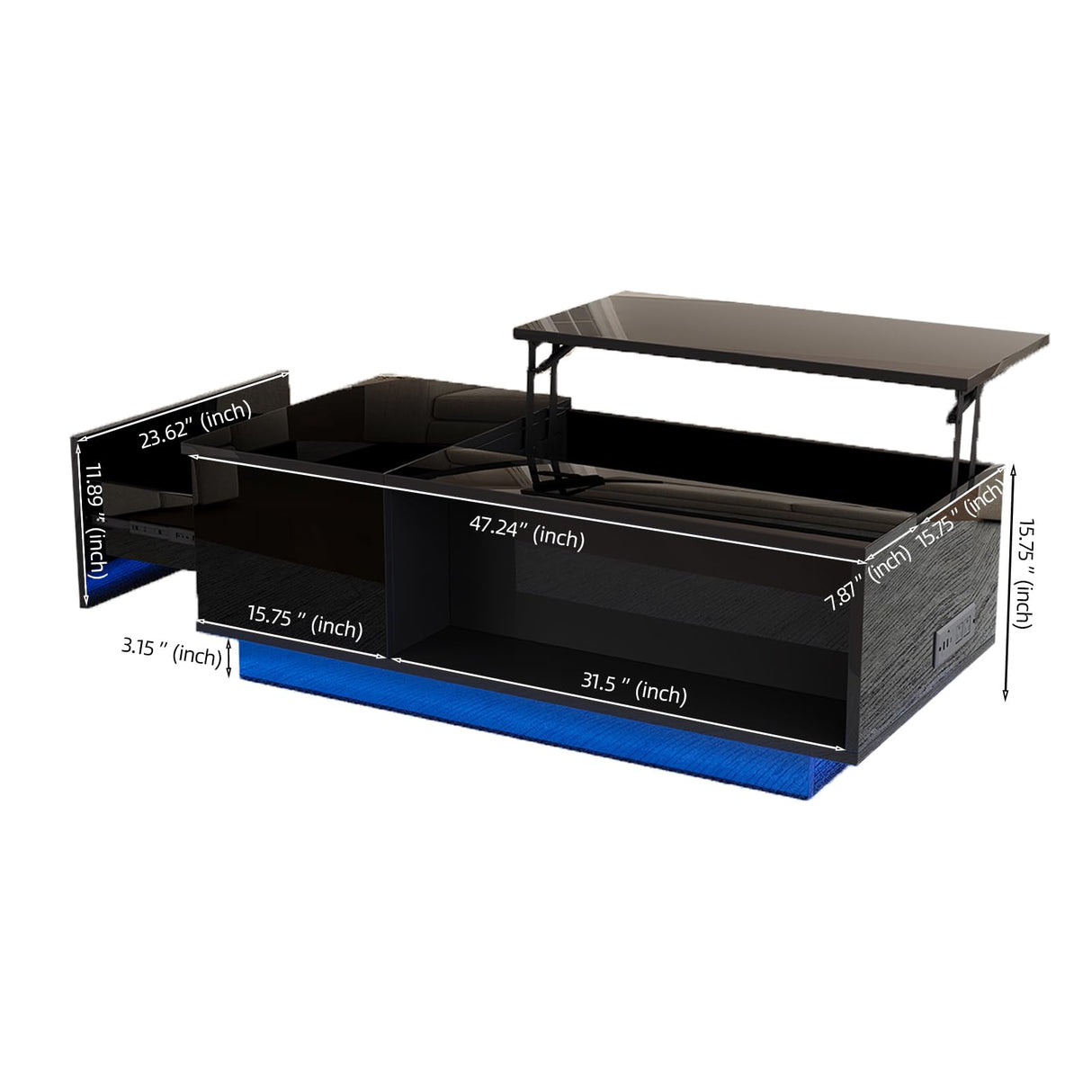 Buenhomino 47" Modern LED Coffee Table with Lift Top, All Black Coffee Table with Storage High Gloss Surface, Hidden Storage with Drawer, Open Shelves, and Built-in Power Outlet for Living Room Buenhomino