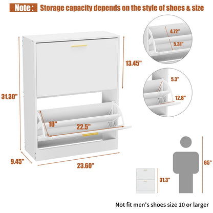 JOZZBY Shoe Cabinet Storage for Entryway, Slim White Hidden Shoe Organizer Cabinet with 2 Flip Drawers, Wooden Narrow Shoe Rack with 2 Tier Freestanding for Hallway, Living Room - WoodArtSupply