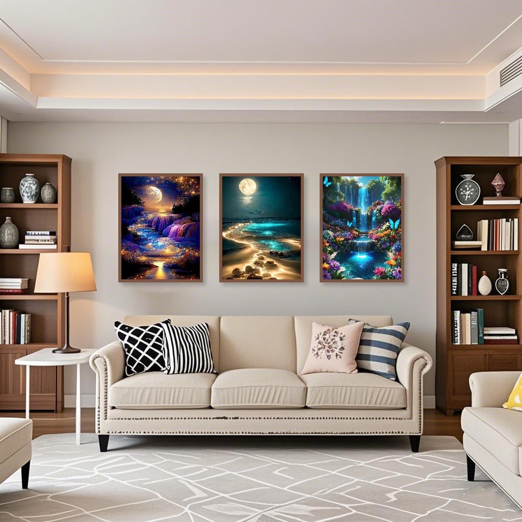 Mowana Diamond Art Kits for Adults - Moon Landscape Diamond Painting Kits for Beginners, Moonlight Beach 5D DIY Round Drill Rhinestone Gem Art Painting for Home Wall Decor and Gifts 6Pack 12x16inch Mowana