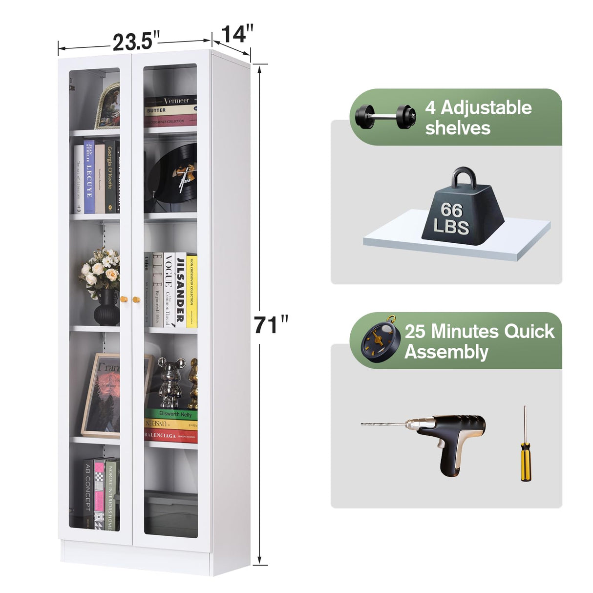 IRONMIX Modern Display Cabinet with Doors, Curio Cabinet with 4 Adjustable Shelves, 5-Tier Display Case, 71" Tall China Cabinet for Living Room, Tall Bookcase for Home Office (23.5 W, White) IRONMIX