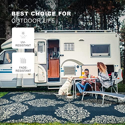 wikiwiki Outdoor Rug, 8x10ft Waterproof Reversible Mat Indoor Outdoor Rugs Carpet, Small Area Rug Plastic Straw Rug for Patio Deck Balcony Pool RV Camping Beach Picnic, Blue & Beige, Rugscape Series wikiwiki