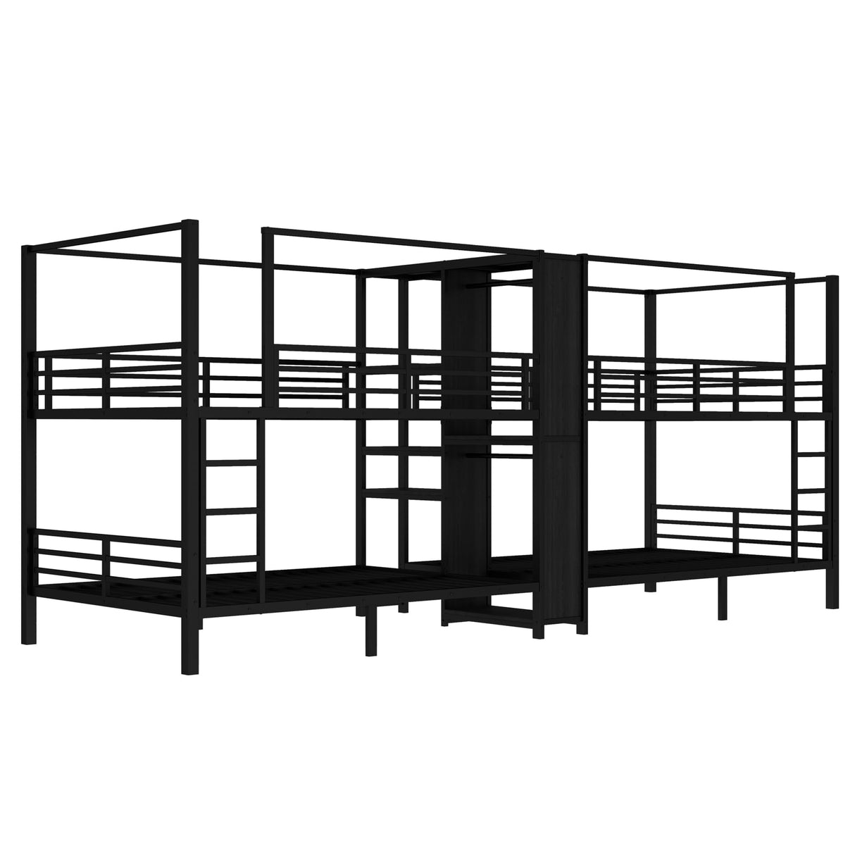 Metal Quad Bunk Bed with Wardrobe for 4,Full Size Quad Bunk Bed Frame with Storage Shelves,Heavy Duty Bunk Beds for Kids Teens Adults,Black Bellemave