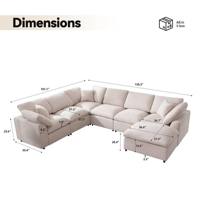 Siiejia Modular Sectional Sofa Modern Oversized Chenille Cloud Couch with Movable Ottoman 7 Seater L-Shaped Sofas Comfy Couches for Living Room Spacious Space Office Lounge, Beige