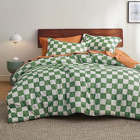 Bedsure Comforter Set Queen Size - Checkered Bedding Comforter Set for Boys, 3 Pieces, 1 Soft Green Comforter and 2 Pillow Shams Bedsure