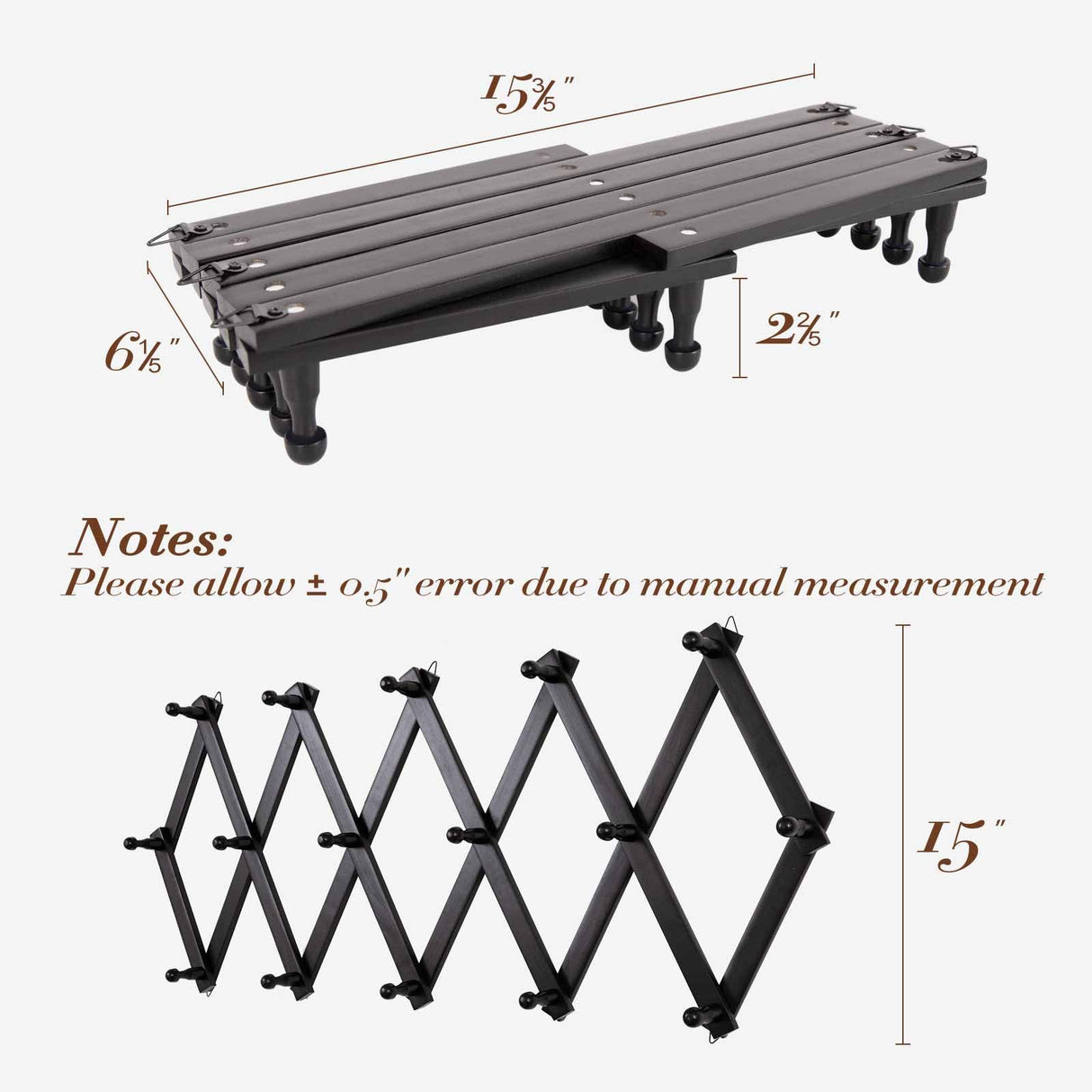 SCUNDA Accordion Wall Hanger with 16 Hooks, Wooden Wall Expandable Coat Rack for Coat, Hats, Baseball Caps, Coffee Mug, Jewelry(Black) SCUNDA