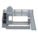 Kids Bunk Bed with Stairs and Slide, Wood Twin Over Twin Bunk Bed with Storage Drawers and Shelves, Castle Style Bunk Beds for Kids Teens Girls Boys, Gray Bellemave